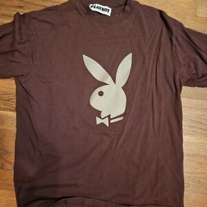 PLAYBOY Brown Tee with Cream Bunny Logo Size Large